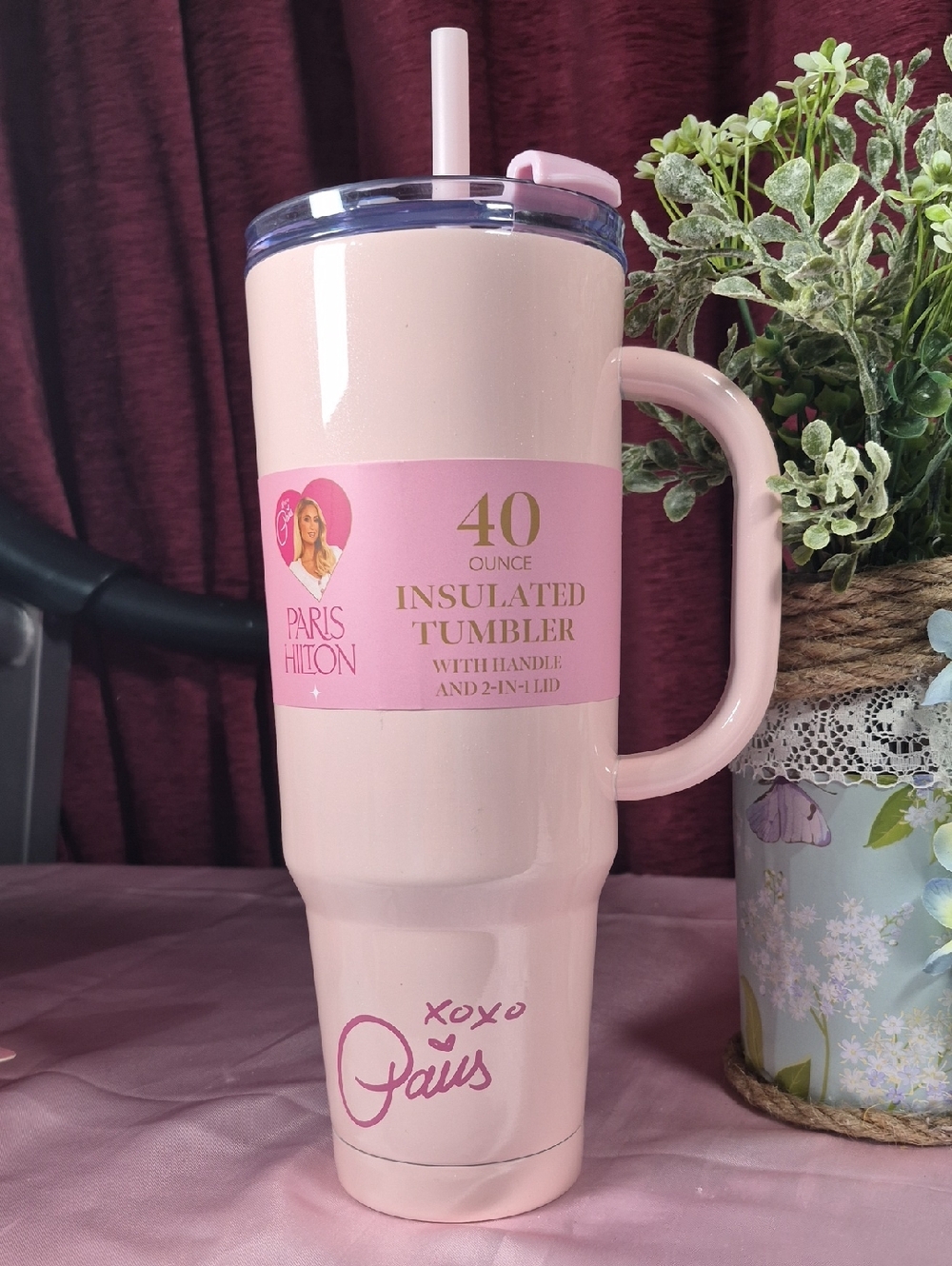 Paris Hilton Pink Insulated Tumbler with Handle and Straw NEW